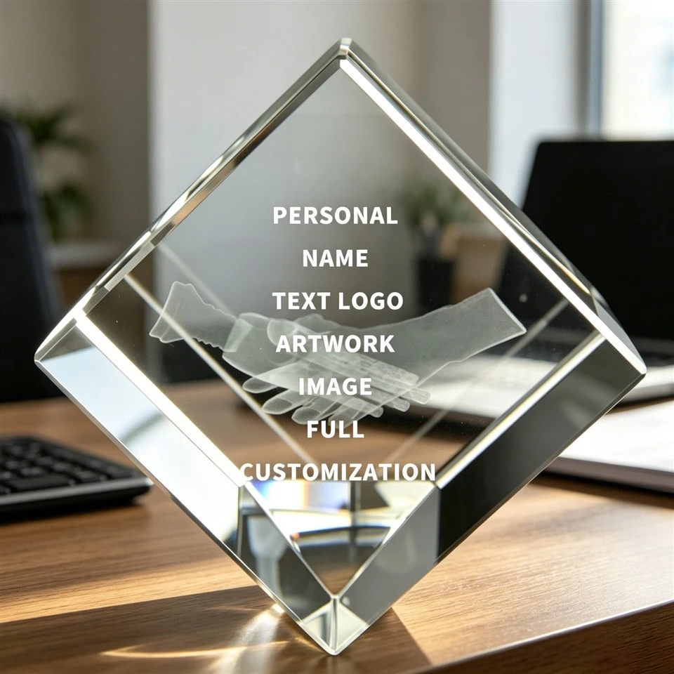 Handshake 3D Engraved Cube Crystal Award Trophy price